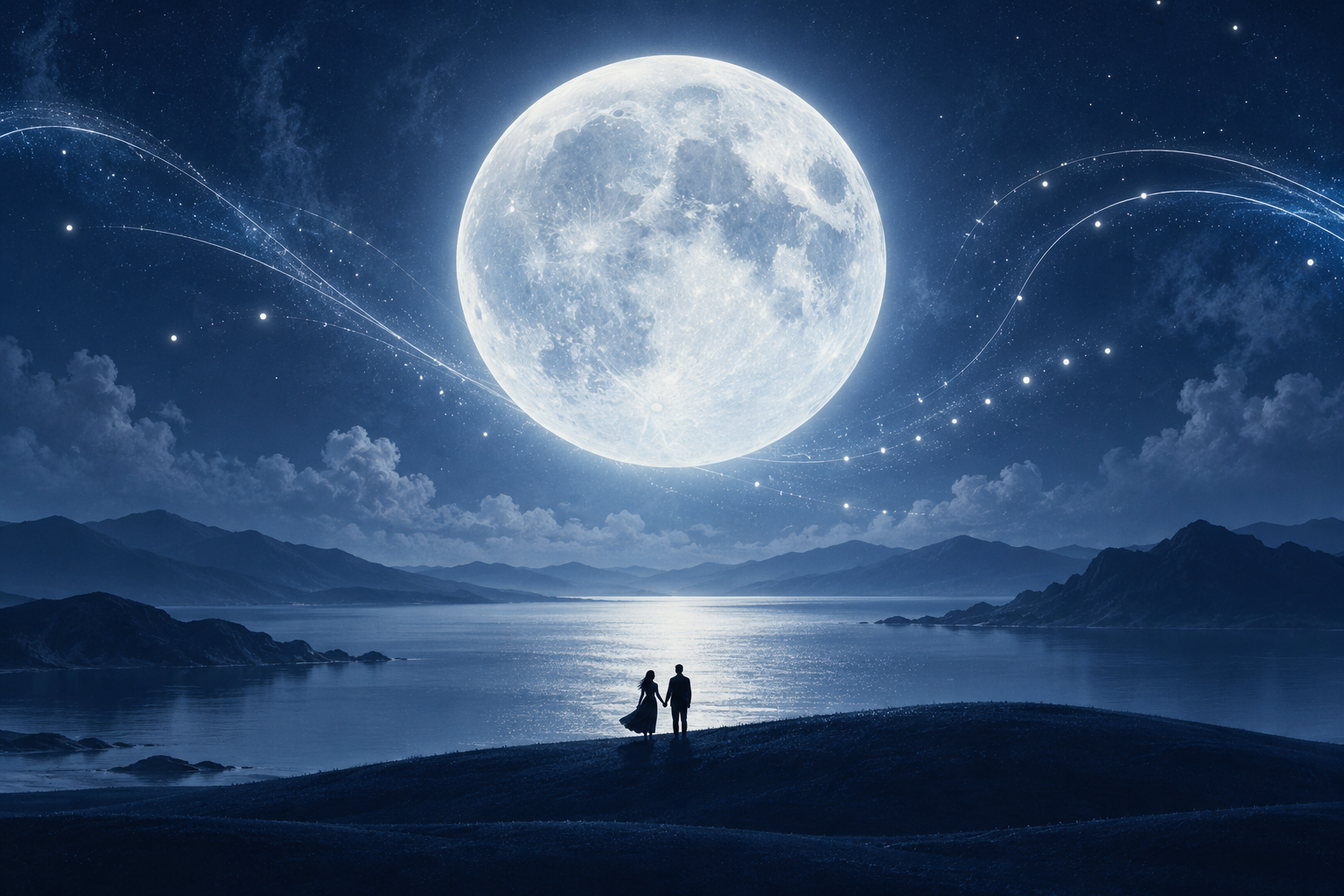 A couple beneath a luminous moon in a dreamlike blue landscape